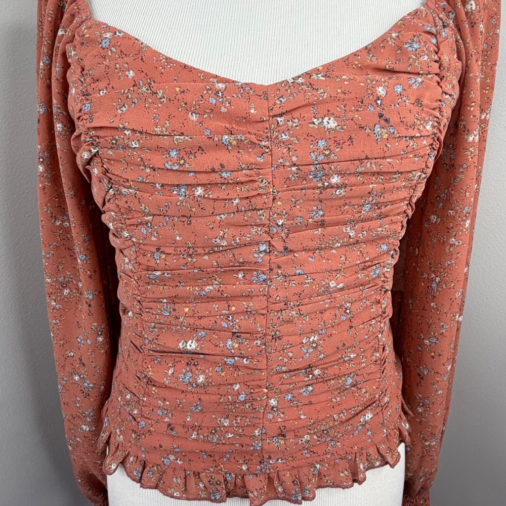 Promesa Rust Floral Ruched Long Sleeve‎ Blouse Square Neck Smocked Cuff Medium - Picture 2 of 11